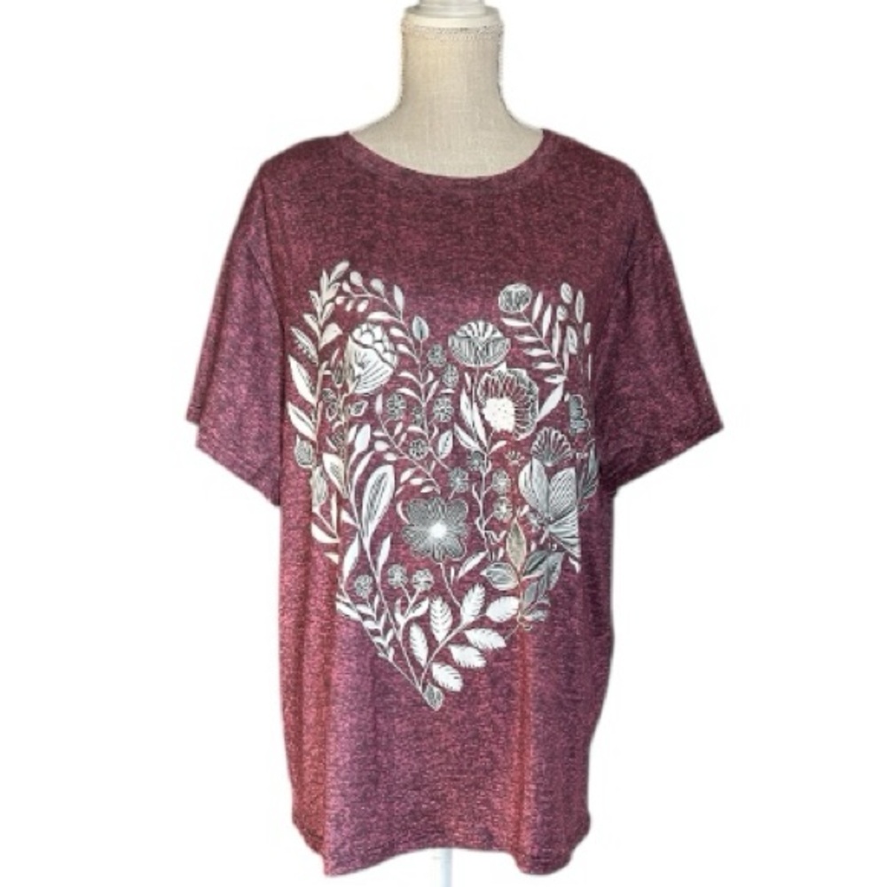 Heather Fuchsia look Top with White Floral Heart Print Crew Neck Short Sleeve 3X - Picture 2 of 9